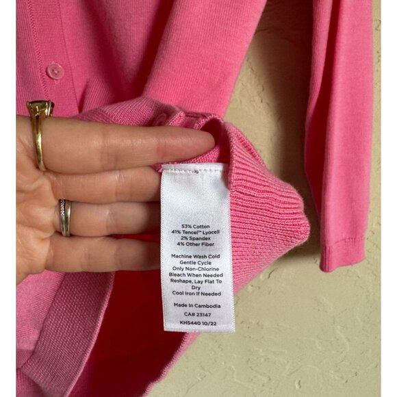 Talbots Size Small Bubblegum Barbie Pink Cotton Blend 3/4 Sleeve Classic Cardiga - Picture 8 of 10